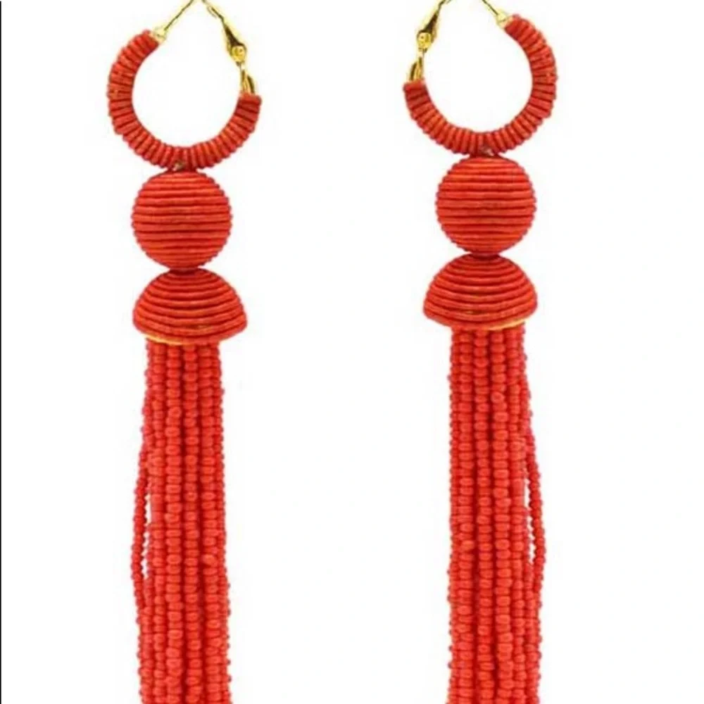 Womens red seed bead earrings 4 inch - Picture 2 of 2